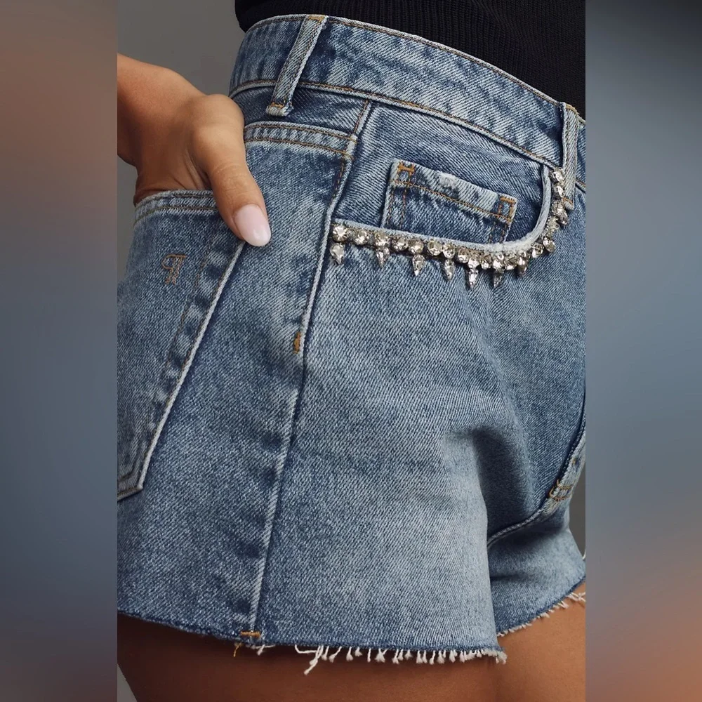 Anthropologie Pilcro Lover Crystal Embellished Denim Jean Shorts Size 26 NEW - Picture 2 of 14